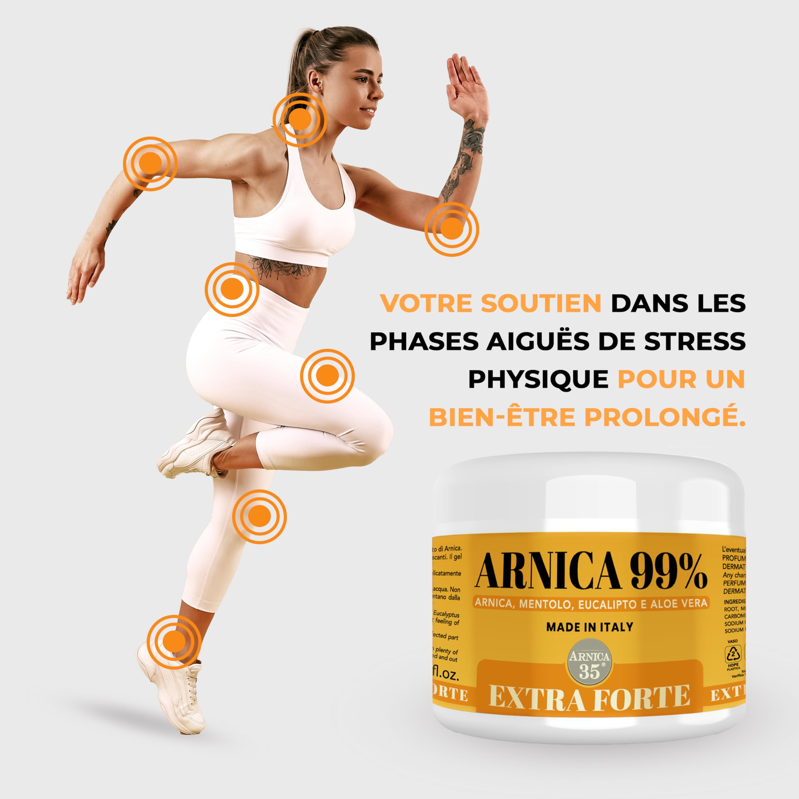 Arnica 35 – Gel d’Arnica Extra Fort 99%, Effet Rafraîchissant 500 ml, Procure du Confort aux Muscles, Articulations, Gel-Crème de Massage au Menthol, Eucalyptus et Aloe Vera, Made en Italie