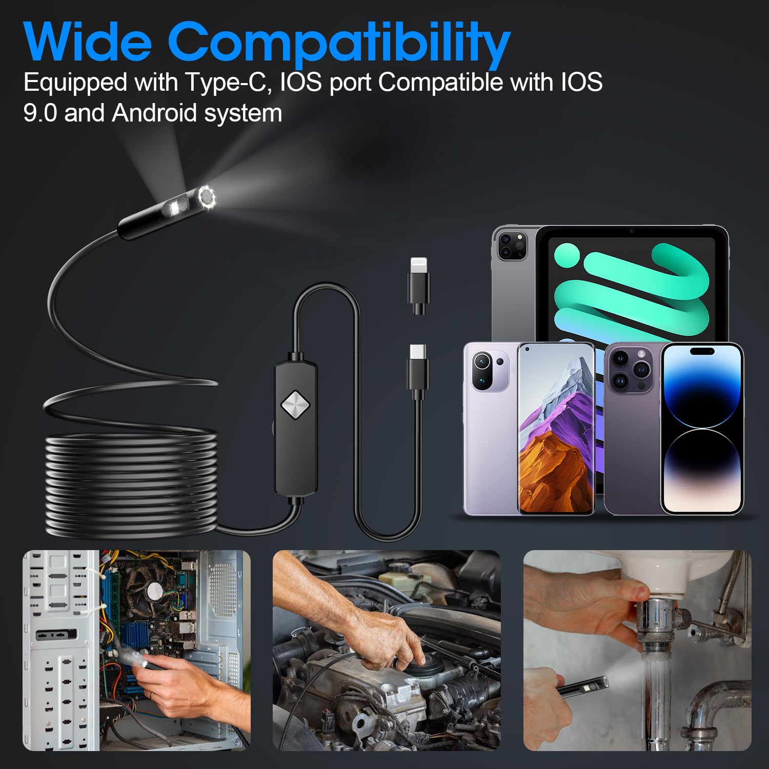 Cámara endoscópica de inspección, Cable de Serpiente semirrígido, HD 1920P, con luz LED Ajustable 8+1 para Android y iPhone (3m-Doble Lente)
