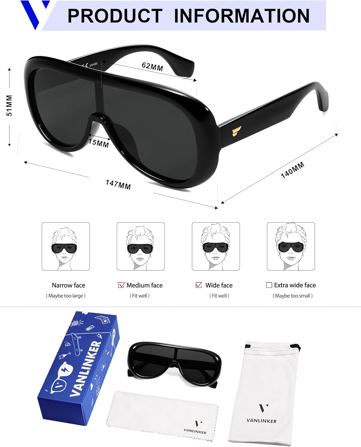 VANLINKER Oversized Aviator Square Sunglasses Womens Men Trendy One-Piece Polarized Lens Retro Futuristic Mask Shades VL9888 - Image 5