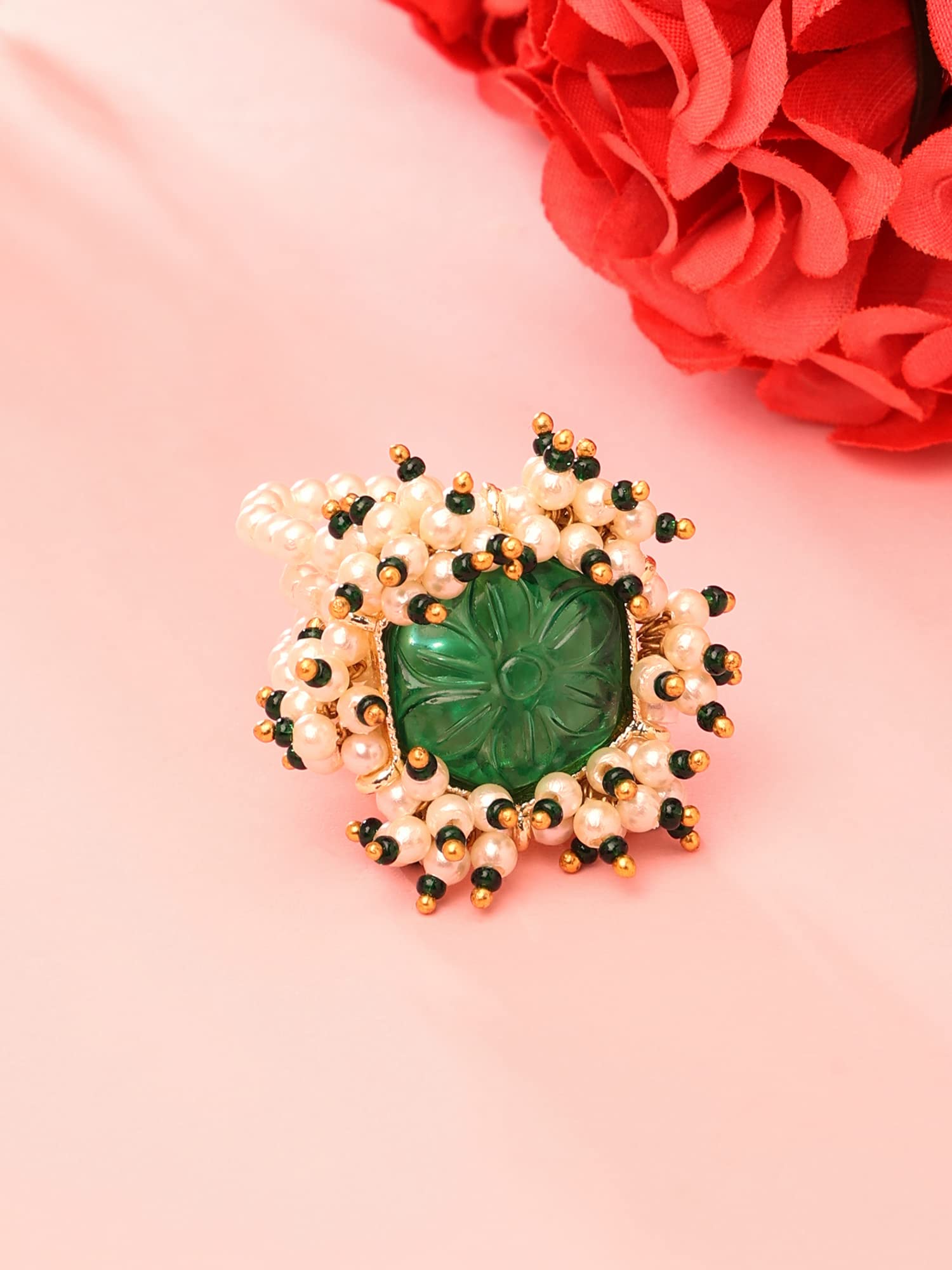 Women's Flower Stone Cluster Beads Ethnic Elasticated Ring
