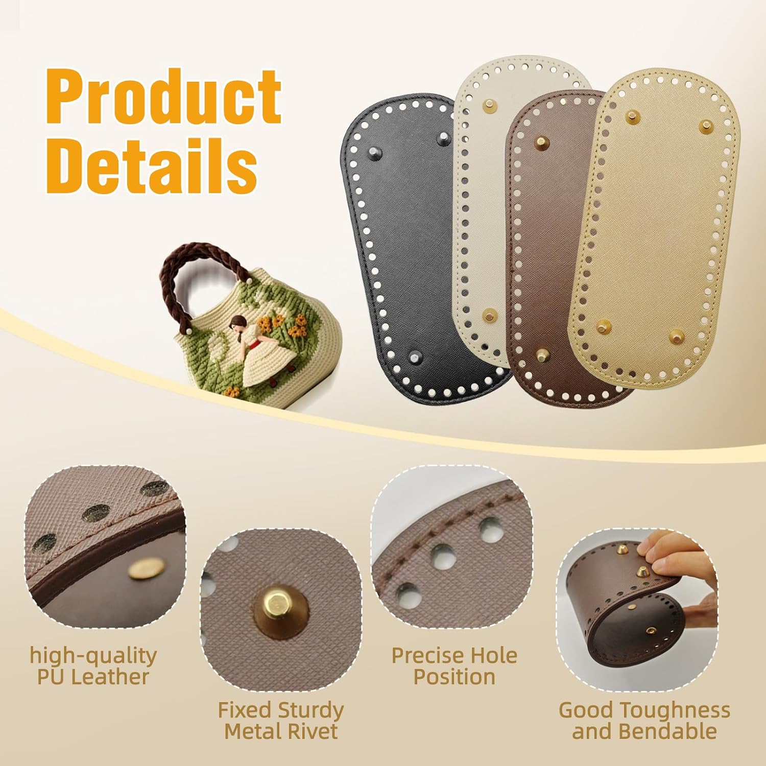 4+8 PCS Bag Bases for Crochet with D Shape Purse Handles for Bag Making, 2 PCS Crochet Hooks, 4 Colors Leather Purse Bottoms for Crocheting DIY - Image 4