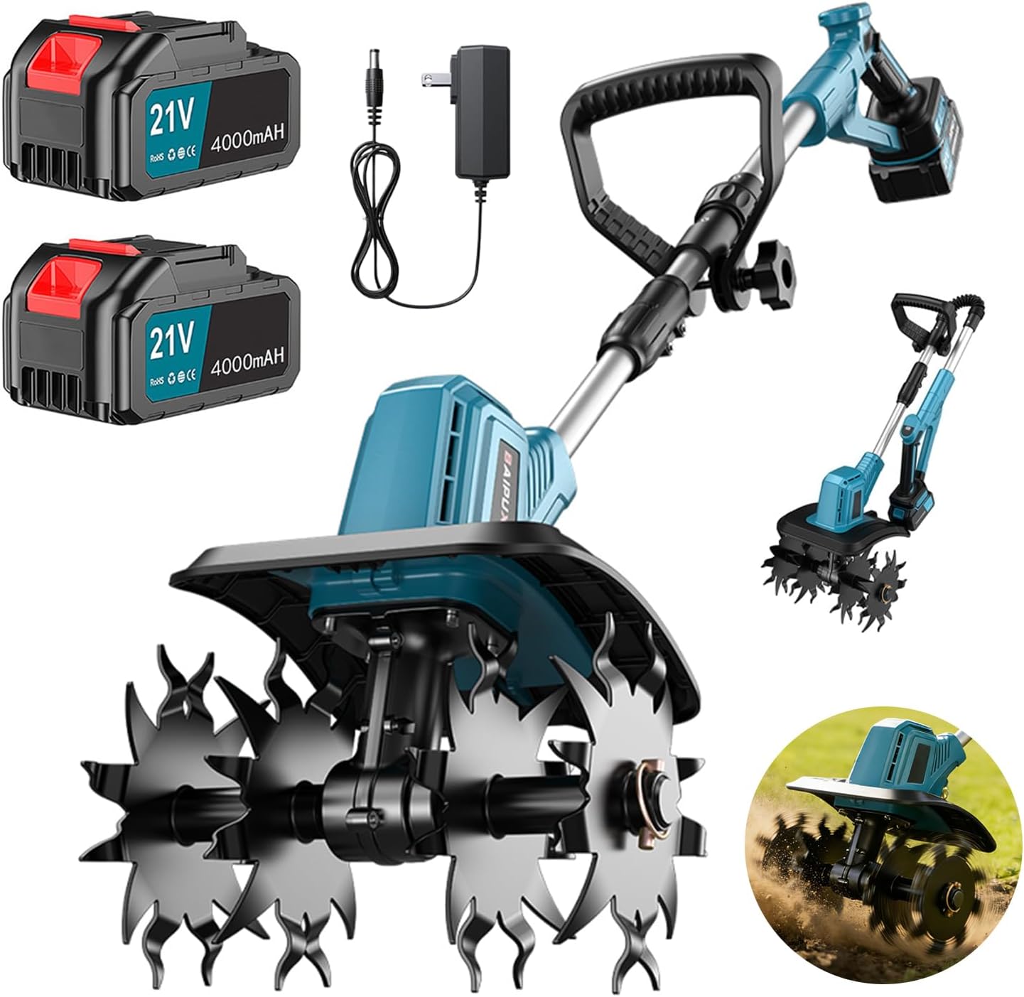 21V Electric Cordless Tiller Cultivator Electric Garden Hand Tiller Rototiller with 2 * 4.0Ah Battery Portable Rotary Tillers 360RPM 12" Width 8" Depth 48 Steel Tines for Gardening Lawn Soil