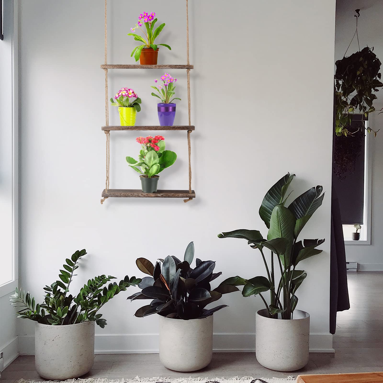 Nuanchu 2 Pieces Decorative Wall Hanging Shelves Window Shelf for Plants 3 Tier Distressed Rustic Home Decor Wood Rope Shelf Floating Indoor Wall Swing Hanging Plant Shelves for Living Room Bathroom