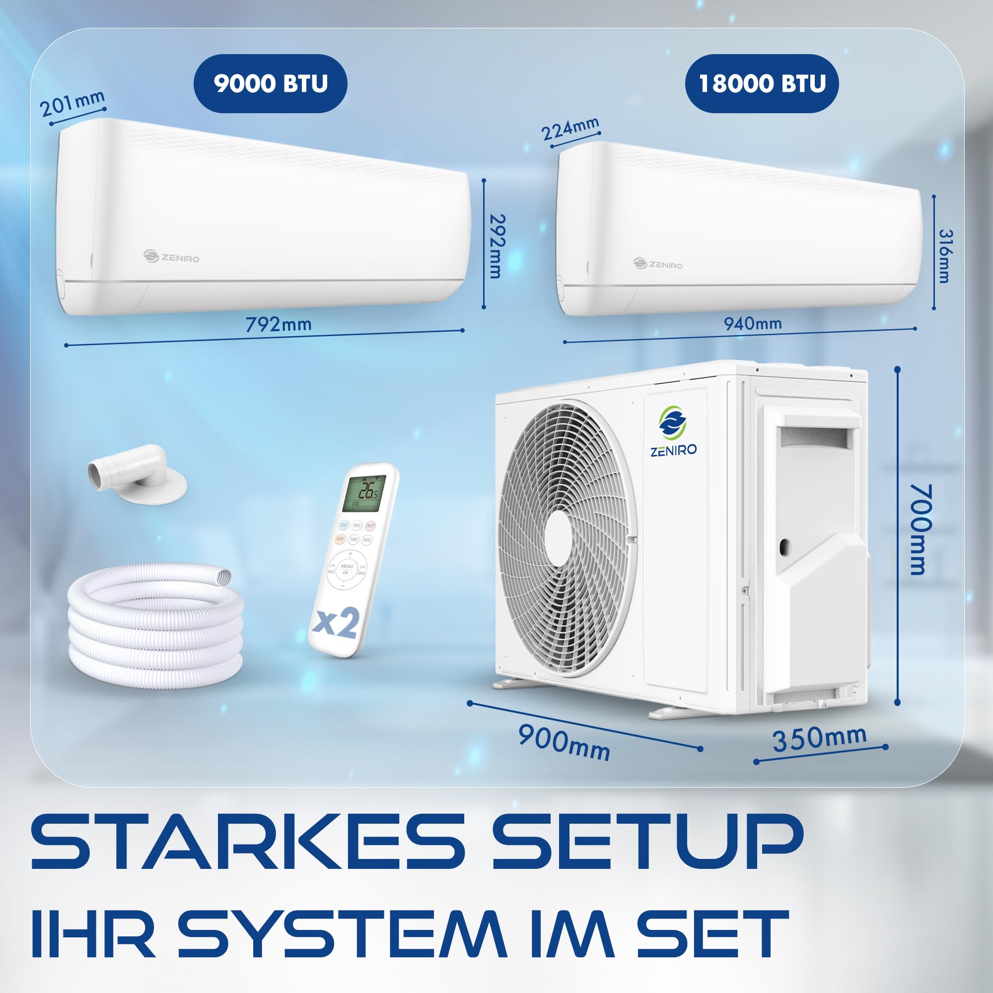 Multi Split Klimaanlage 2 Innengeräte Set 6,2kW 21000 BTU A++ WiFi/App-Steuerung 4D AirFlow Heizen bis -20°C R32