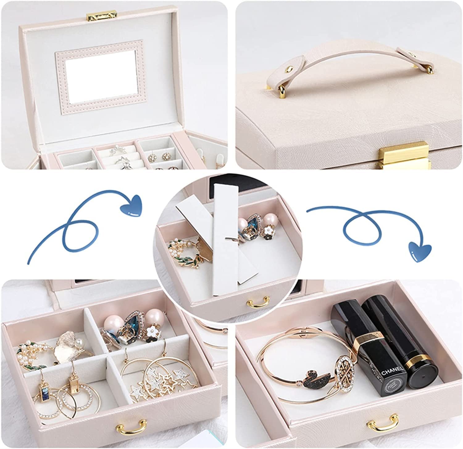 Boîte à Bijoux Grande boîte à Bijoux Organisateur Filles tiroir en Cuir PU boîtes à Bijoux Boucles d'oreilles Bague Collier Bijoux étui de Rangement Porte-Bijoux