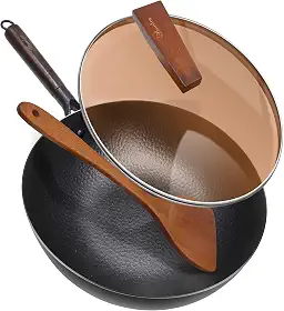 Frigideira Wok de aço carbono com tampa e espátula de madeira, frigideira Aneder de ferro fundido de 32 cm com fundo plano e cabo de madeira para fogões elétricos, de indução e a gás