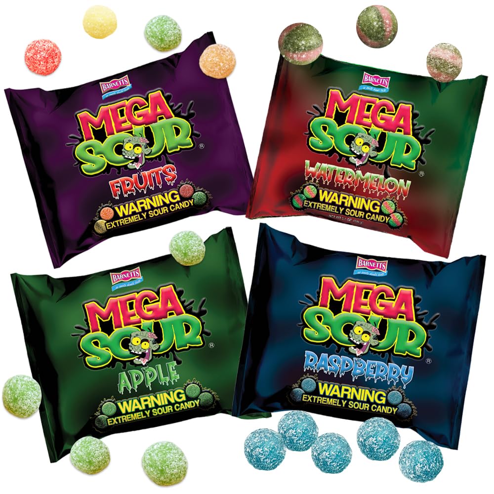 BarnettsMega Sour Candy - 4 Pack Bundle - Raspberry | Fruits | Apple | Watermelon - Trendy Sweet Bags - Traditionally Handmade Sweets - Sour Coating Lasts 20 Seconds - Candies for Party Bag, Gift Hamper, or Hamper Box (104g x 4)