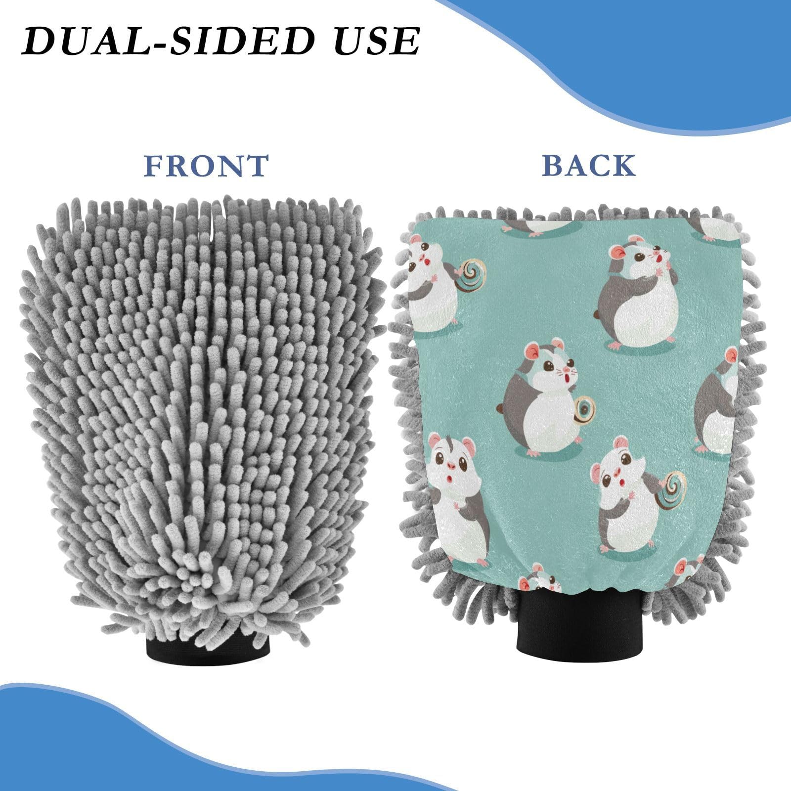 ALAZA Cute Hamsters Cartoon Car Wash Mitt Scratch Free, 2 Pack Absorbent Microfiber/Chenille Washing & Drying Mitts, M