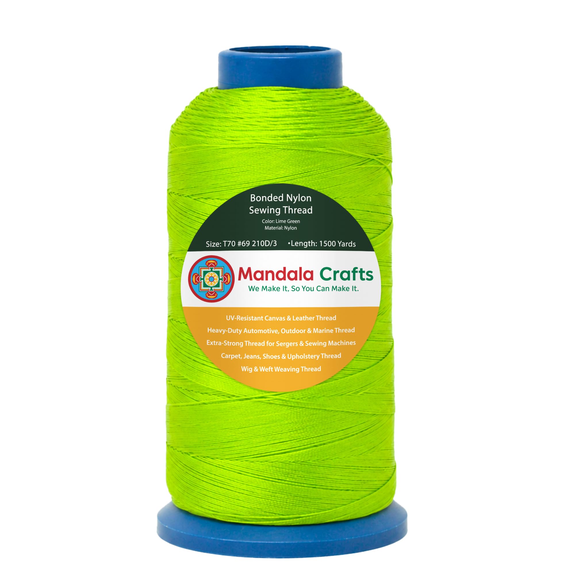 Mandala Crafts Size 69 210D T70 Lime Green Bonded Nylon Thread, 1500 YDs — image 1