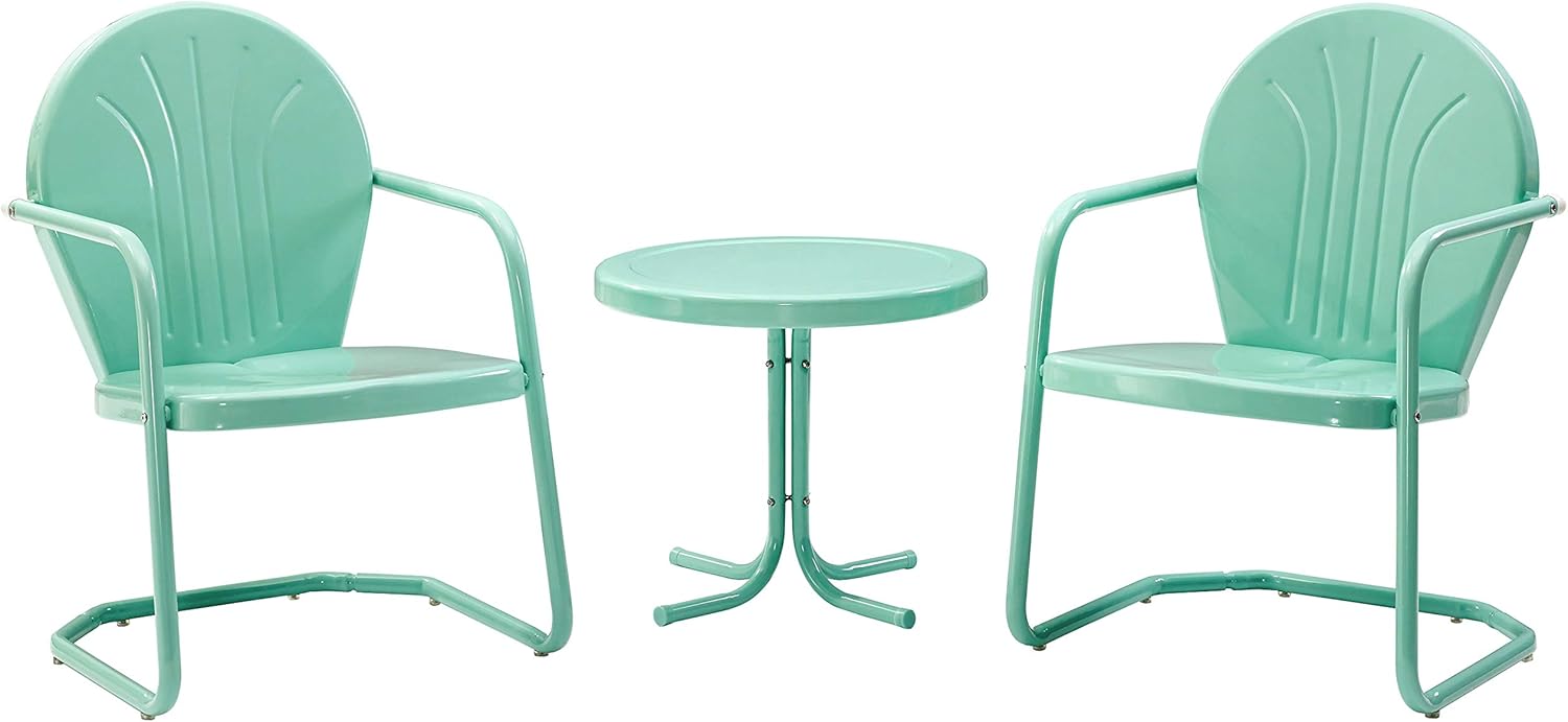 Crosley Furniture Griffith 3-Piece Outdoor Chair and Side Table Set, Retro Metal Bistro Patio Sets for Porch, Aqua