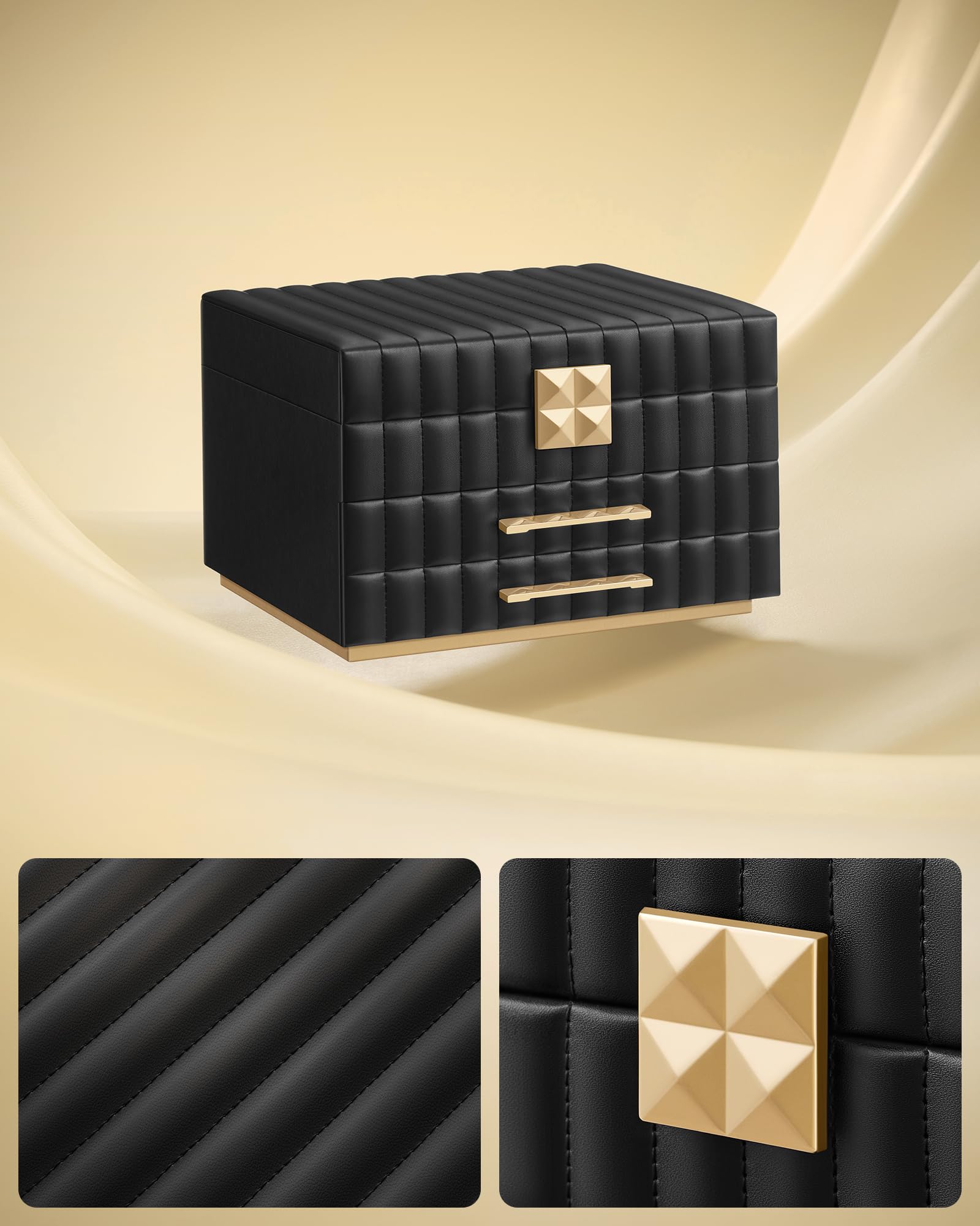 SONGMICS HOME Pudełko na biżuterię z lustrem, 3 poziomy, 2 szuflady, PU | Miejsce na biżuterię z przeszyciami, 24 x 21,5 x 15,8 cm, pomysł na prezent, czarny, Kolekcja ANAH JBC183B01