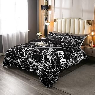 Castle Fairy Rock Roll Music Queen Size Comforter Set,Guitar Instrument Bedding Set with 2 Pillowcases,Retro Abstract Graffiti Breathable Durable Inner Fill Polyester Bedspread