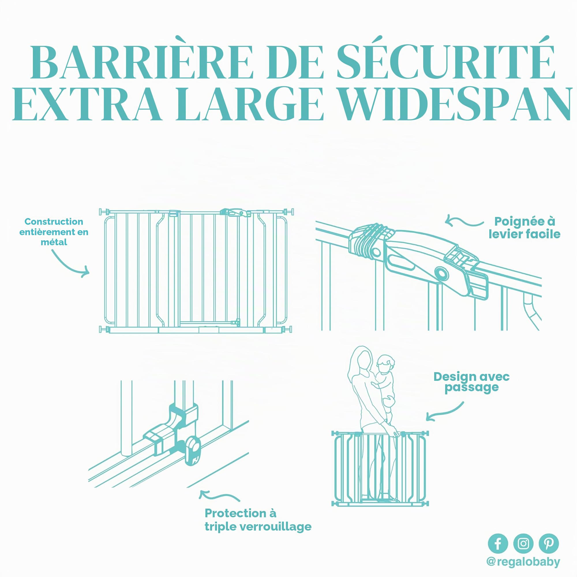 Regalo Safety Extra Wide Baby Gate for Doorways & Bottom of Stairs, Fits Openings 73.6-143cm (Extensions Included) Pressure Mounted for Babies, Toddlers & Pets
