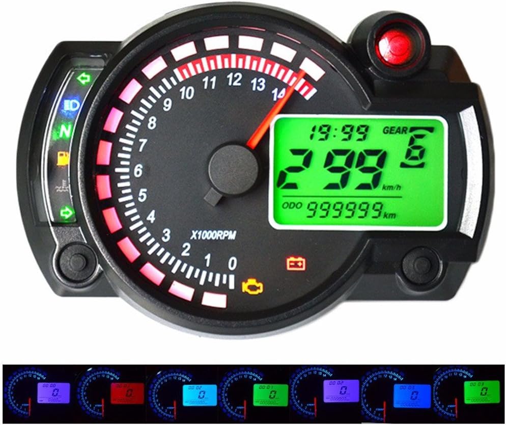 Universal 299 MPH/KPH 7 color Adjustable Motorcycle Tachometer Motorbike Digital Speedometer LCD digital Odometer (Black)