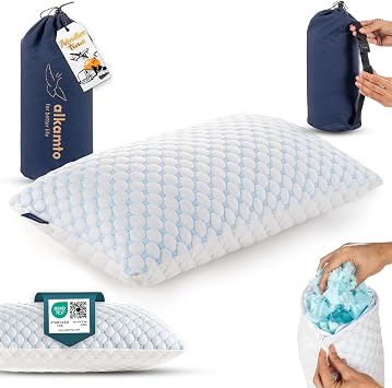alkamto Travel & Camping Comfortable Memory Foam Pillow – Easy to Carry Portable Bag – Temperature Regulating Pillow Case (White)