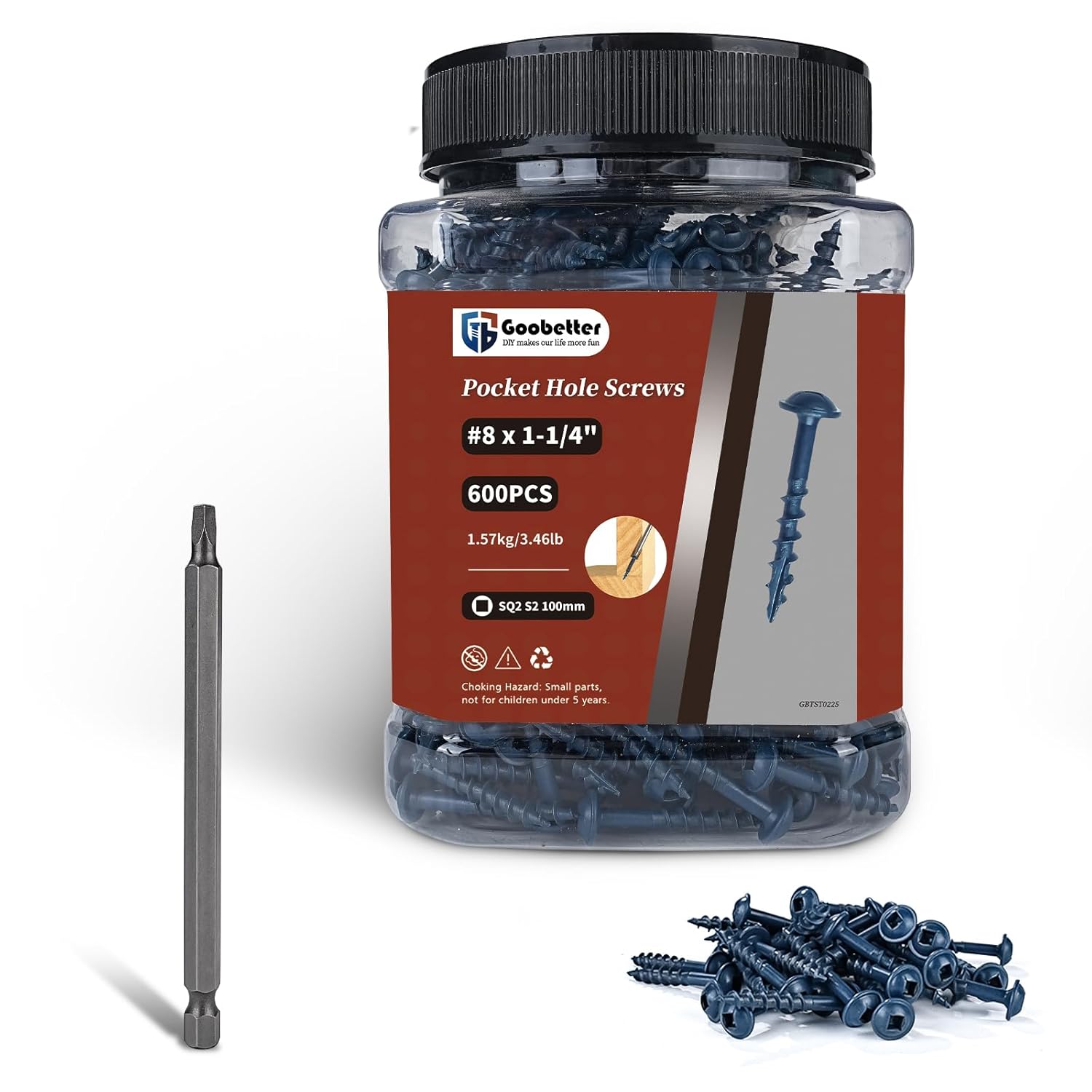 Pocket Hole Screws 1-1/4 Inch, Goobetter Pocket Screws #8 x 1-1/4" 600 Pcs for Exterior, Washer Head with Square Drive, Coarse Thread, Blue Coated, Self Tapping, 100MM Drive Bit Included