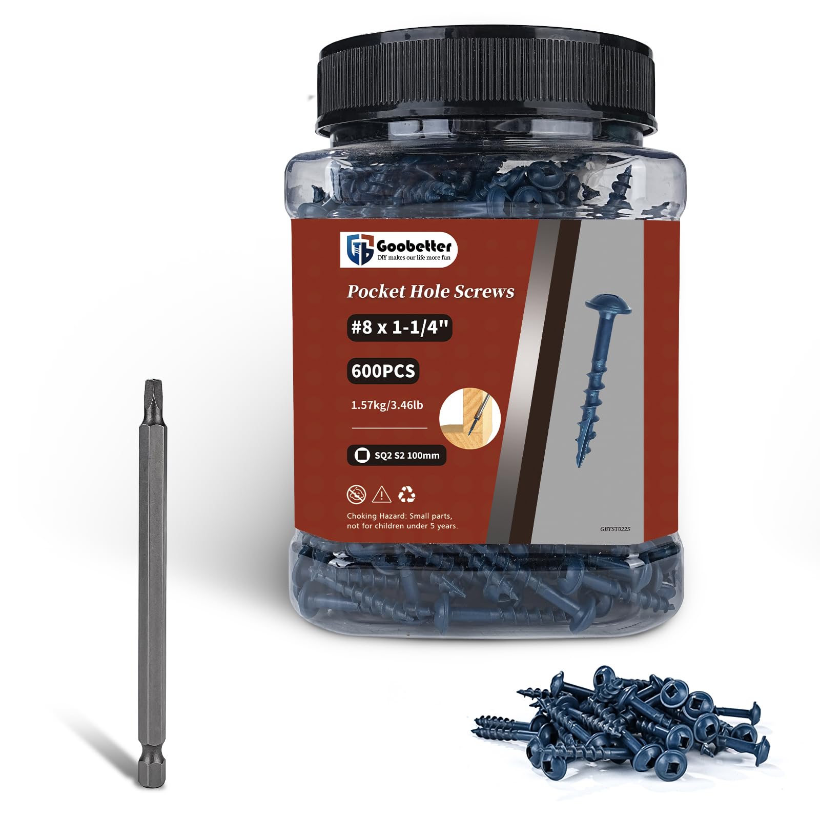 Pocket Hole Screws 1-1/4 Inch, Goobetter Pocket Screws #8 x 1-1/4" 600 Pcs for Exterior, Washer Head with Square Drive, Coarse Thread, Blue Coated,