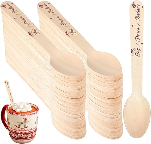 Umigy 100 cucharas de madera desechables de 5.5 pulgadas, cucharas de madera desechables de Navidad con patrón de cuchara de madera para chocolate
