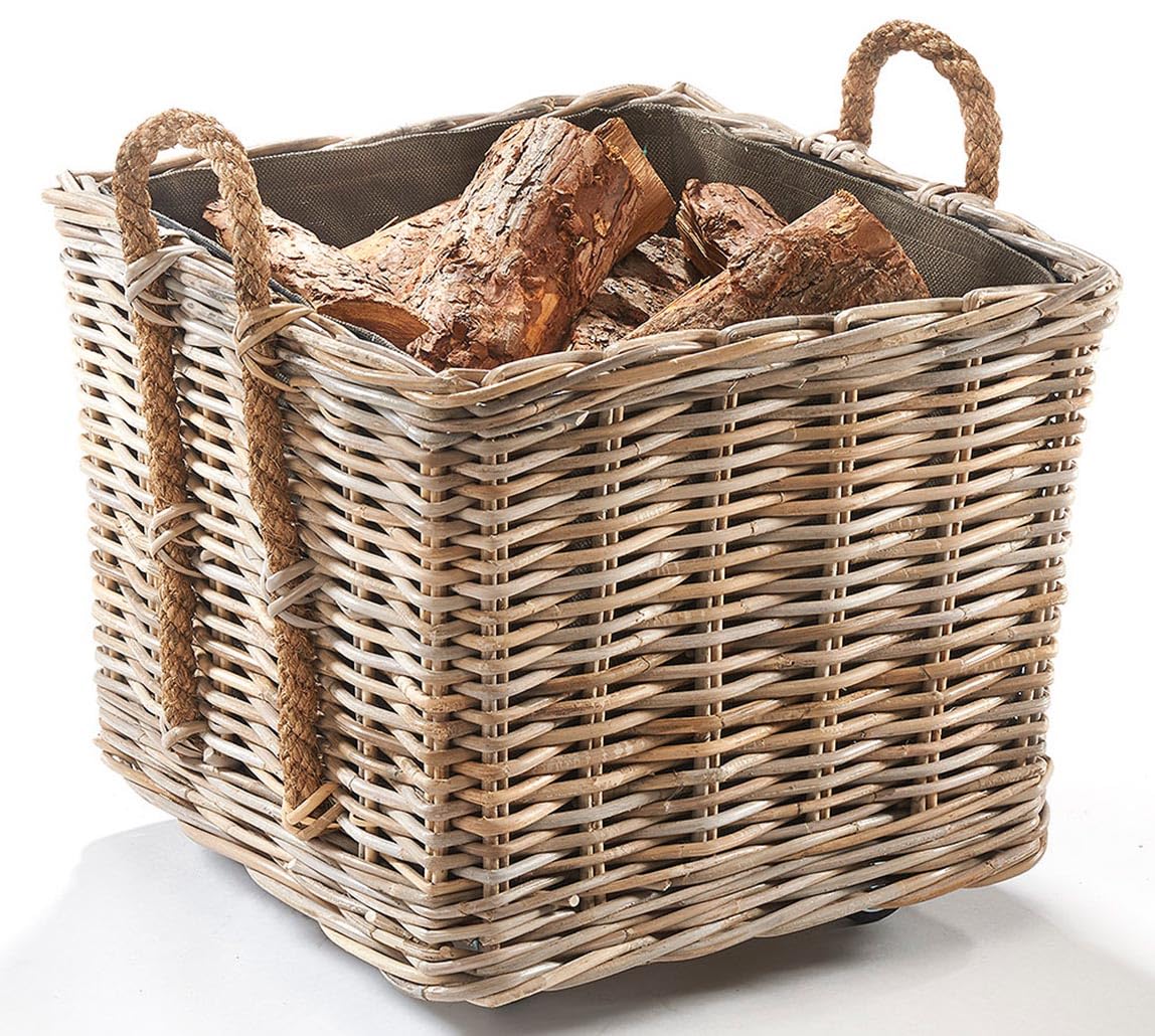 Kobolo Kaminholzwagen Holzkorb mit Rollen für Kaminholz Rattan Grey