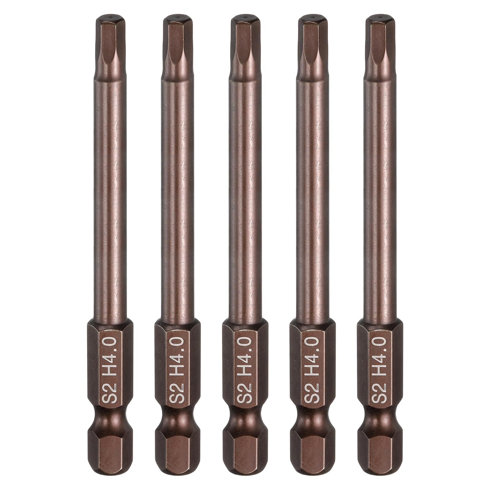 sourcing map 5pcs Flat Hex Head Drill Bit H4.0 (4mm) Magnetic Tip 1/4" Hex Shank 75mm (3") Long S2 Steel Metric Hexagonal Screw Driver Screwdriver Bits Wrench Socket, Copper Tone