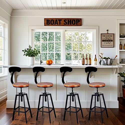 Miniatura 6 de Taburetes de bar industriales con respaldo, taburete de metal giratorio ajustable vintage, silla de asiento de madera, altura de mostrador, silla de