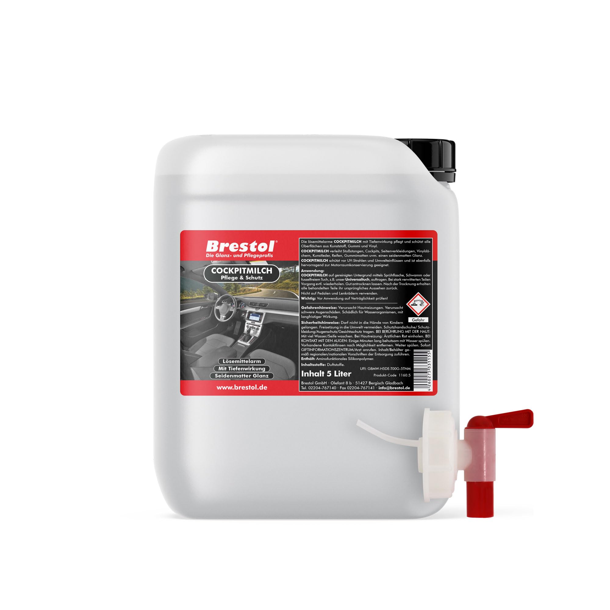 Brestol Cockpitmilch 5 Liter inkl. Auslaufhahn 51 mm - Cockpitpflegemilch Cockpitreinigungsmilch Innenraumpflege Tiefenpflege Kunststoffpflege Gummipflege Cockpitpflege Vinypflege