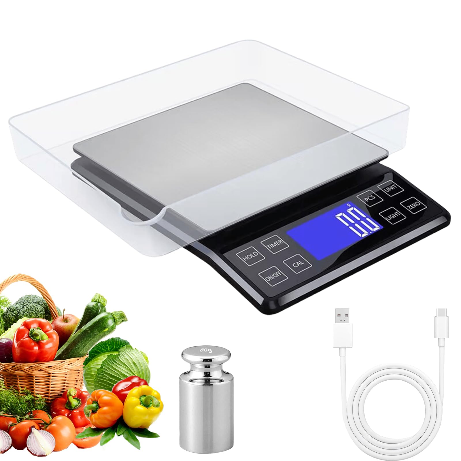 0,1 g/5 kg Báscula de cocina digital grande: báscula de cocina de alta precisión, recargable por USB, plataforma de pesaje de acero inoxidable con bandeja, adecuada para alimentos, cocina, color negro