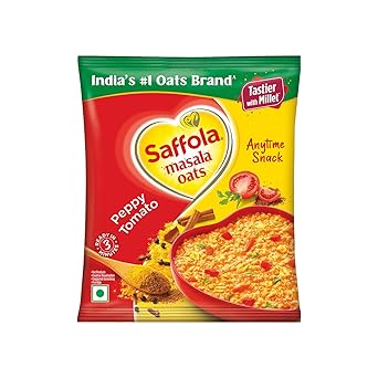 Saffola Masala Oats |38g| Peppy Tomato | Tasty, Anytime Snack | Ready in 3 mins | Millets Goodness- with Bajra & Jowar | No maida , No added preservatives | Oats helps manage weight - image, photos