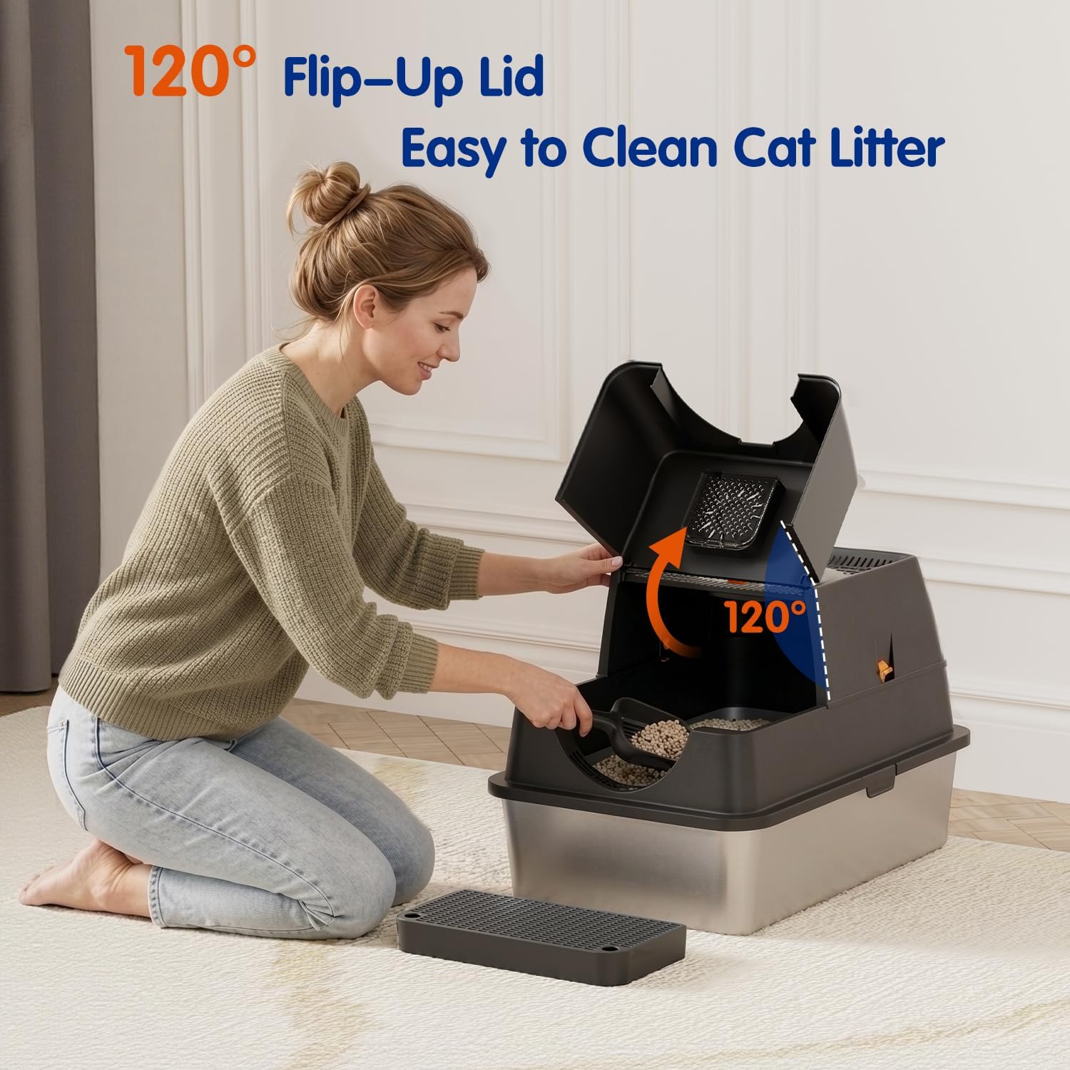Stainless Steel Litter Box with Lid, XL Extra Large Cat Litter Box Enclosure, Front & Top Entry Covered Metal Cat Box with Steps & Scoop, Easy Cleaning