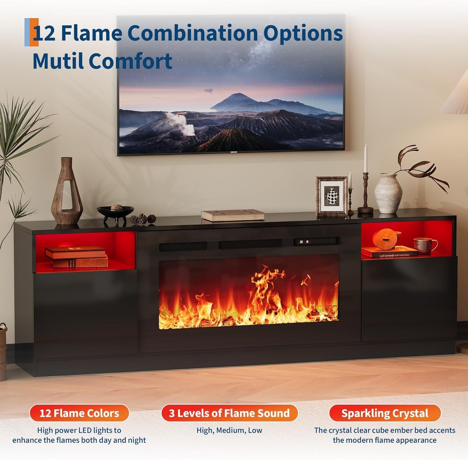 36" Electric Fireplace & 70" TV Stand, 12 Colors LED Lights Flame, 1500W Tv Stand with Fireplace