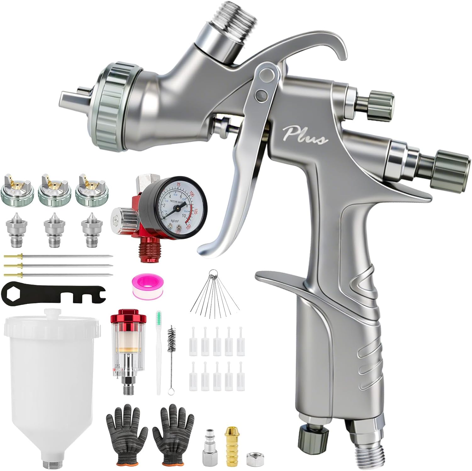 D1 LVLP Air Spray Gun Premium Kits, Paint Sprayer with 1.3/1.5/1.7mm Nozzles & Air Regulator, 10x 650ml Disposable Cups, Automotive Paint Gun for House, Cars, Furniture, Fence, Varnish&Top Coat