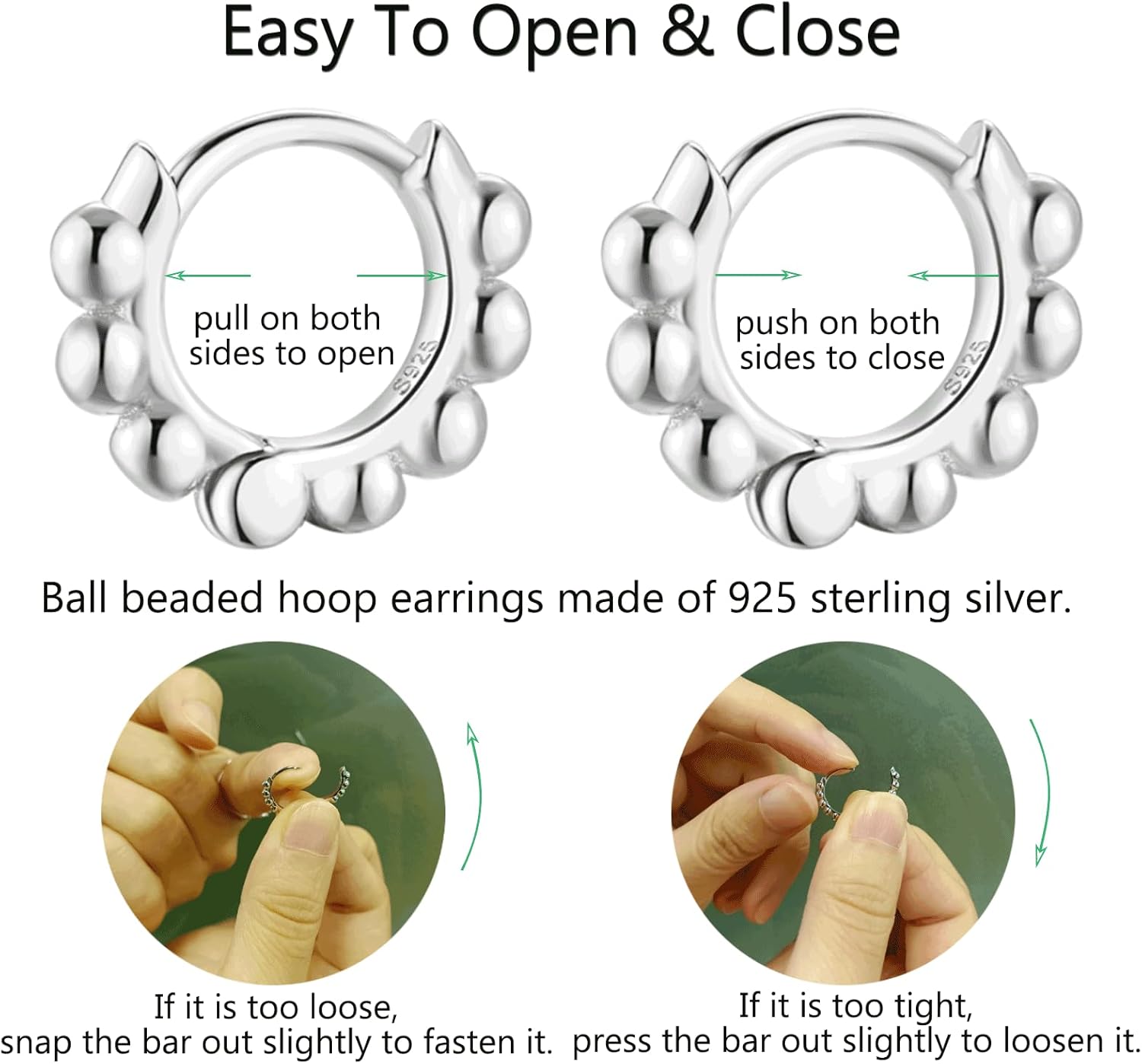 Ball Beaded Huggie Hoop Earrings 925 Sterling Silver Upper Ear Cartilage Helix Small Tiny Mini Sleeper Hoop Earrings - Image 8