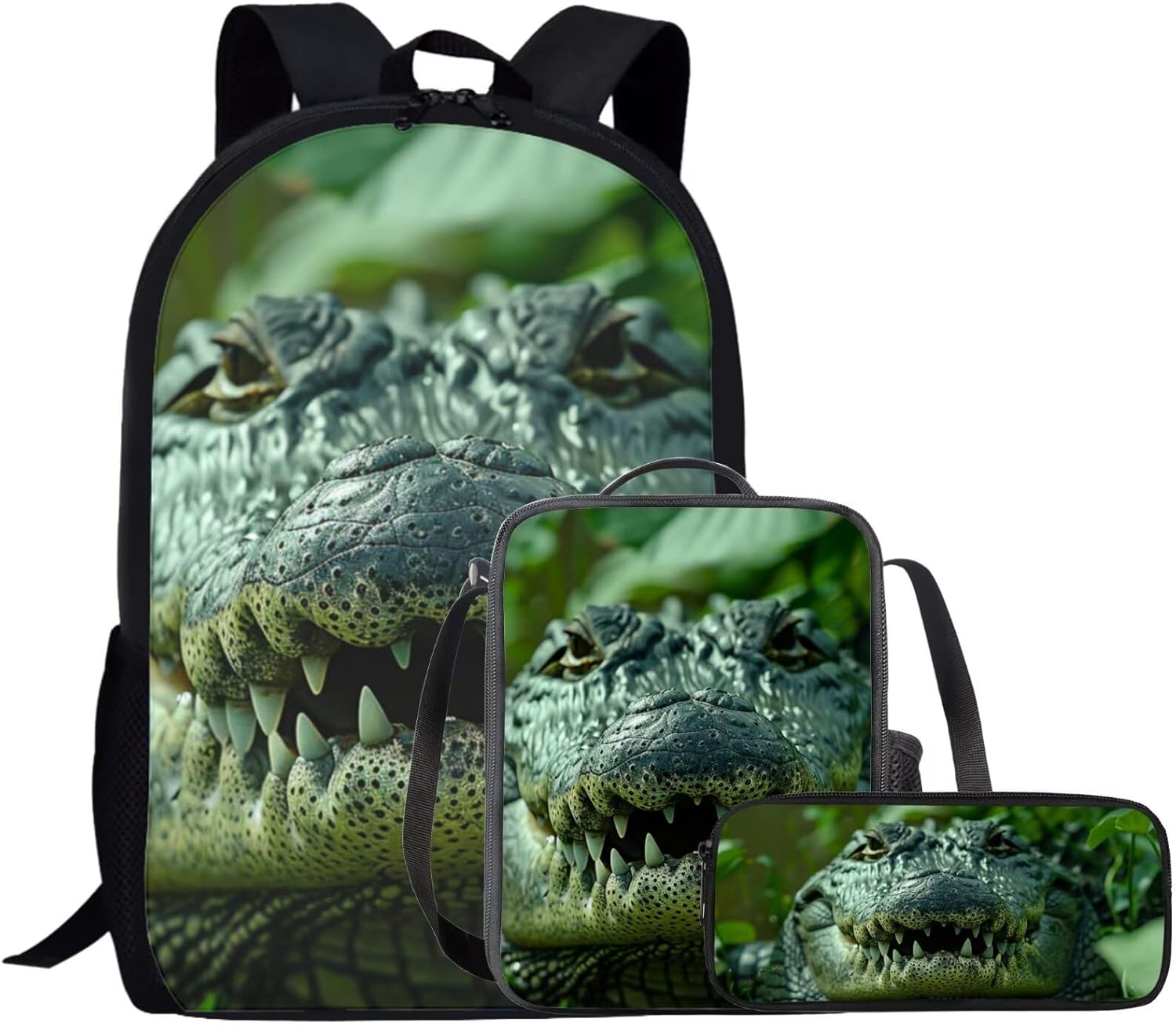 Cool Crocodile Green Backpack for Boys Girls School Backpack with Lunch Box Pencil Case Bookbag Set