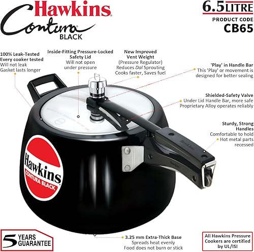 Miniatura 8 de Hawkins Olla de presión Contura de 6.5 litros en color negro, con tapa interior anodizada dura, modelo Handi, color negro (Cb65), 6.5 litros