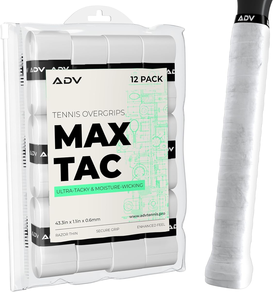ADV MaxTac Tennis Overgrip, Tacky Moisture-Wicking Grip (White, 12-Pack) | Ultra tacky surface, wicks moisture, razor thin so grip size barely changes