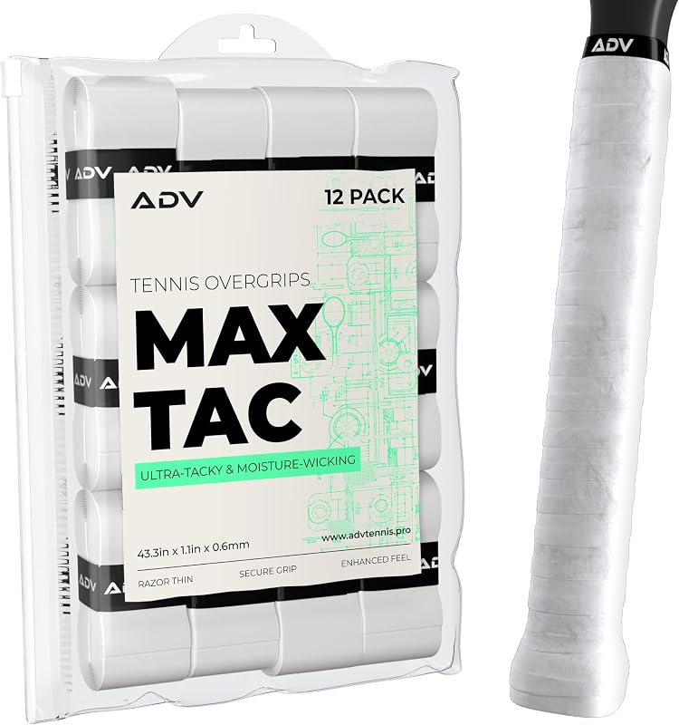 ADV MaxTac Tennis Overgrip, Tacky Moisture-Wicking Grip (White, 12-Pack) | Ultra tacky surface, wicks moisture, razor thin so grip size barely changes