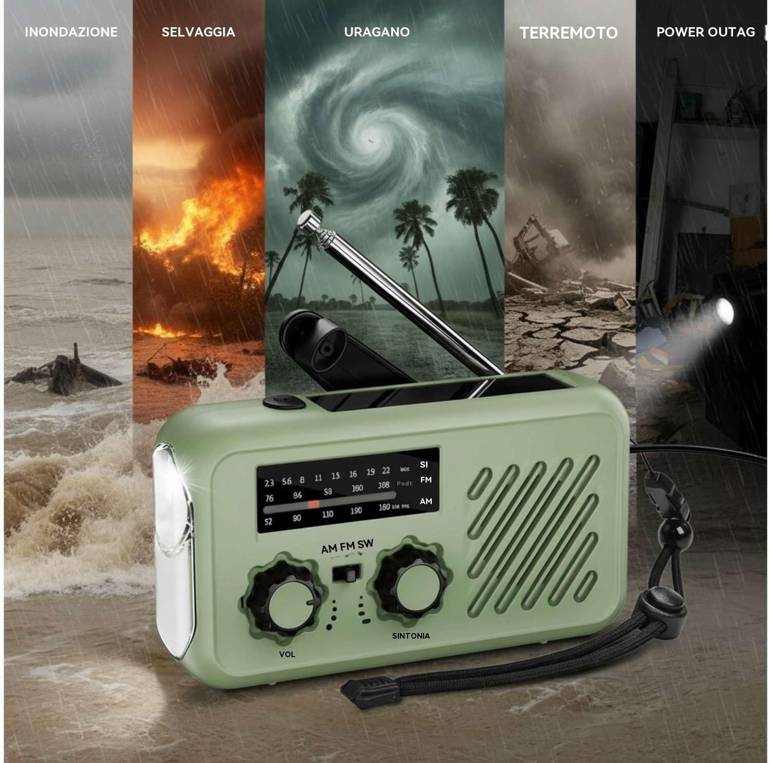 Kurbelradio Notfallradio mit 2000 mAh Power Bank – 3-Wege-Ladung (Solar/Handkurbel/USB), AM/FM/SW, SOS-Alarm & LED-Licht, Tragbares Survival Radio für Stromausfall, Camping & Wohnmobil (Grün)