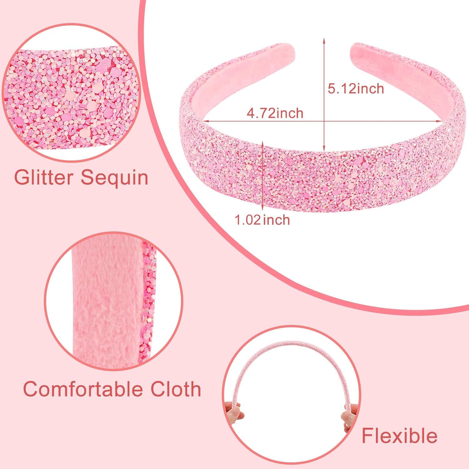 Pack of 4 Glitter Headbands, Girls Headbands, Wide Headbands, Women's Glitter, Sequin Headbands, Non-Slip Glitter Hair Band - Image 2