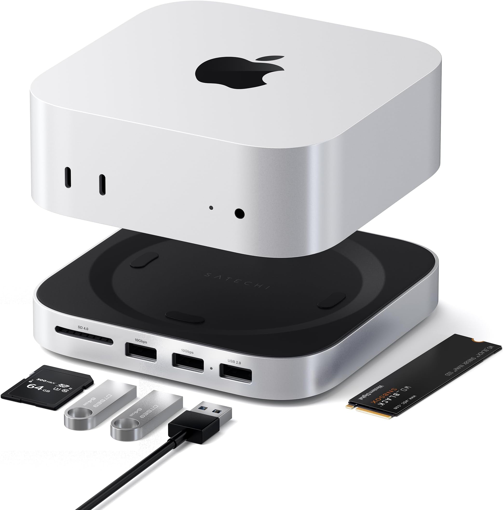 Satechi Mac mini M4 Hub & Stand with NVMe SSD Enclosure, Mac mini M4 Dock with 2xUSB A Up to 10Gbps, USB A Data Port, SD Card Reader, Optimized Self-Cooling - Silver