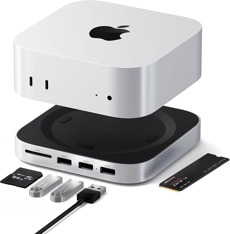 Satechi Mac mini M4 Hub & Stand with NVMe SSD Enclosure, Silver | 2 USB-A ports up to 10 Gbps, USB-A data port, SD card reader, optimized self-cooling