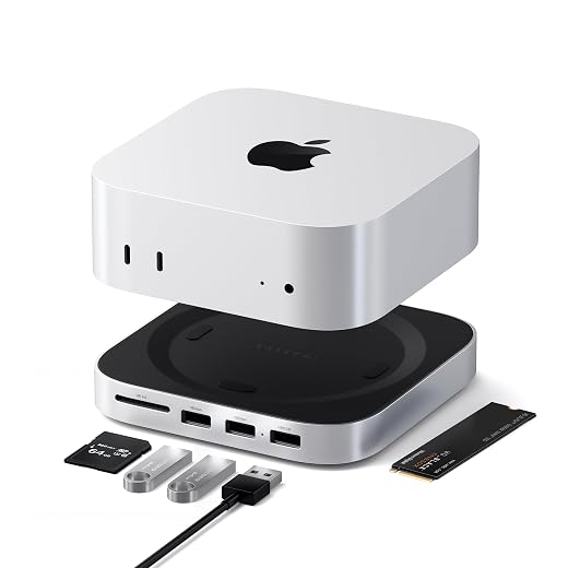 Satechi Mac Mini M4 Hub & Stand with NVMe SSD Enclosure, 2 USB A 10 Gbps, USB A Data Port, SD Card Reader for Mac Mini M4/Pro - Silver