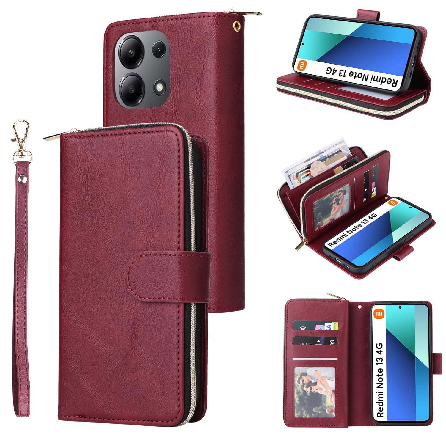 ATISIJIE Klapphülle Für Xiaomi Redmi Note 13 4G – Leder-Handyhülle Mit Kartenfach, Reißverschluss & Magnetverschluss, Grau