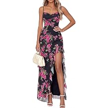 Womens Floral Spaghetti Strap Maxi Dress Cowl Neck Ruffle High Slit Dress Elegant Cocktail Wedding Guest Evening Gown