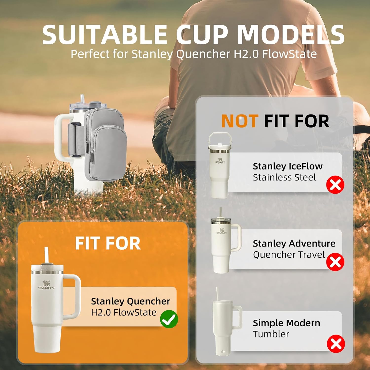 SUITMAT Water Bottle Pouch for Stanley Quencher Series Tumbler, Large Pouch Bag for Stanley Cup Accessories, Cup Backpack with Multiple Pockets for Phone, Cards, Keys (Bag Only)