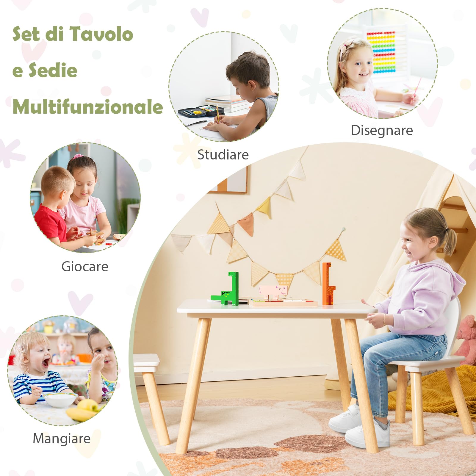 COSTWAY Set Tavolo e 2 Sedie per Bambini 3-6 Anni, Sedie Ergonomiche in Legno con Schienali a Forma di Orecchie di Coniglio, Portata 40kg, Salvaspazio, Ideale per Gioco e Disegno (Bianco)