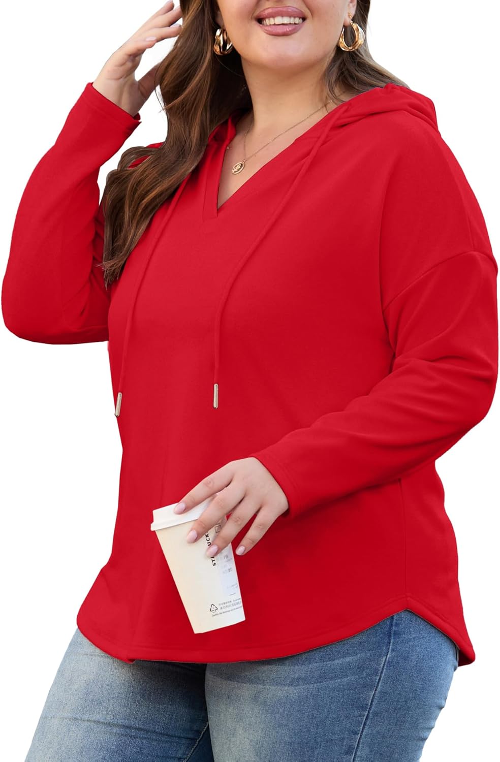 OLRIK Plus Size Hooded For Women V Neck Pullover Oversized Sweatshirts Long Sleeve Tops Loose Fit - Image 2