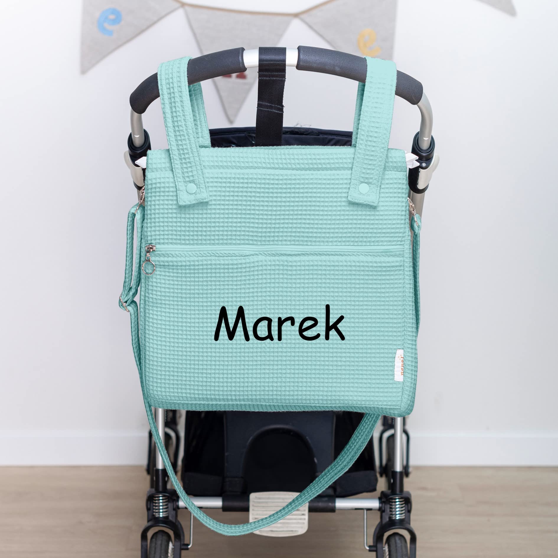 Conjunto de Saco Silla de paseo Universal + Bolso Panera Personalizada – Conjunto Saco Universal + Talega o bolsa para carrito bordada con nombre – Gofre - Waffle – Nenel (Verde agua)