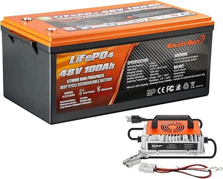Enjoybot 48V 100Ah LiFePO4 Lithium Battery with 58.4V 18A Lithium Battery Charger, Built-in 100A BMS and Bluetooth, Low Temperature Cut-Off Function, Peak Current 500A Perfect for Golf Cart RV Solar