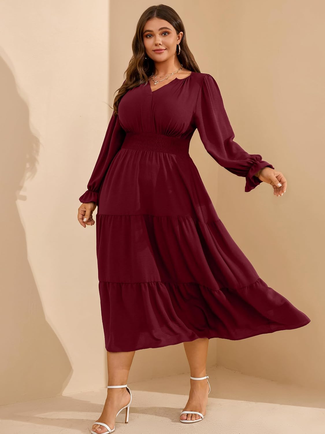 RWJ Womens Plus Size Fall Dress Long Sleeve V Neck Tiered A-Line Elegant Formal Casual Wedding Guest Maxi Dresses - Image 3