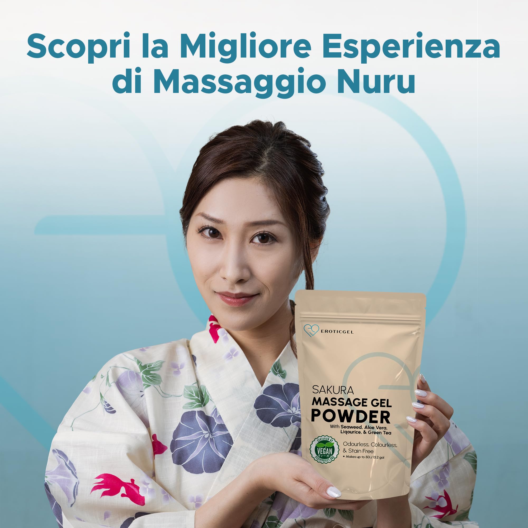 Polvere Gel da Massaggio Nuru Edizione Sakura 500g, Aloe Vera, Alga, Liquirizia e Te Verde, Uso Professionale, Stile Giapponese, Vegano, Senza Profumo, Base Acqua, Resa fino a 50 Litri